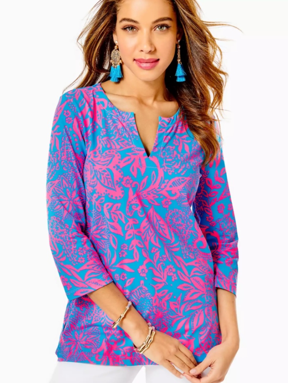 LILLY PULITZER Upf 50+ Karina Chillylilly Top Sz L Aura Pink Leaf An Impression